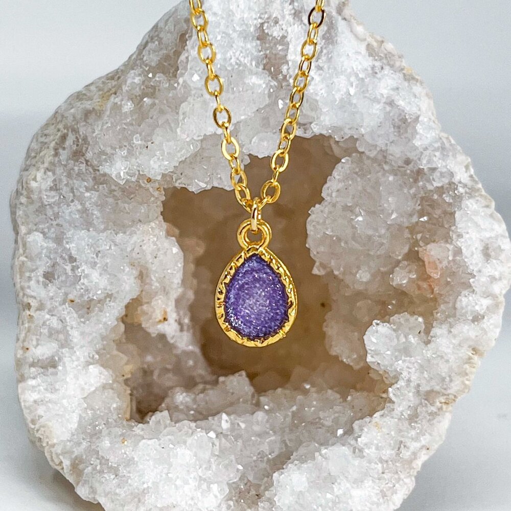 3/$20 14k Gold Purple Glitter Resin Teardrop Handmade Charm Pendant Necklace